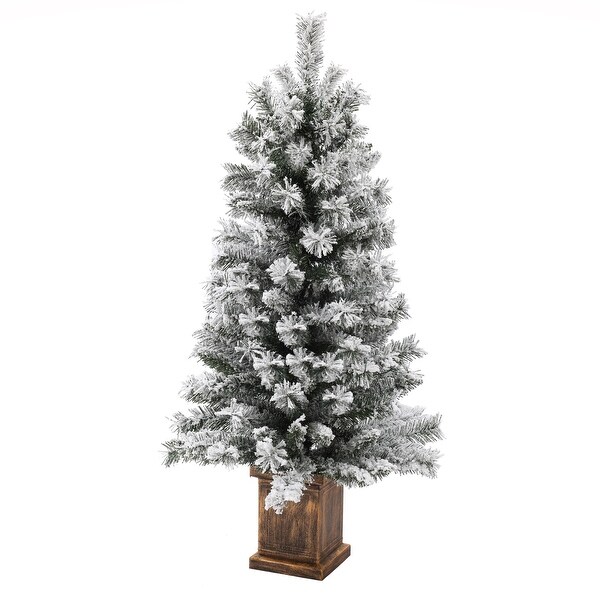 4Ft PreLit Potted Artificial Flocked Fir Christmas Tree，BatteryOperated with Timer