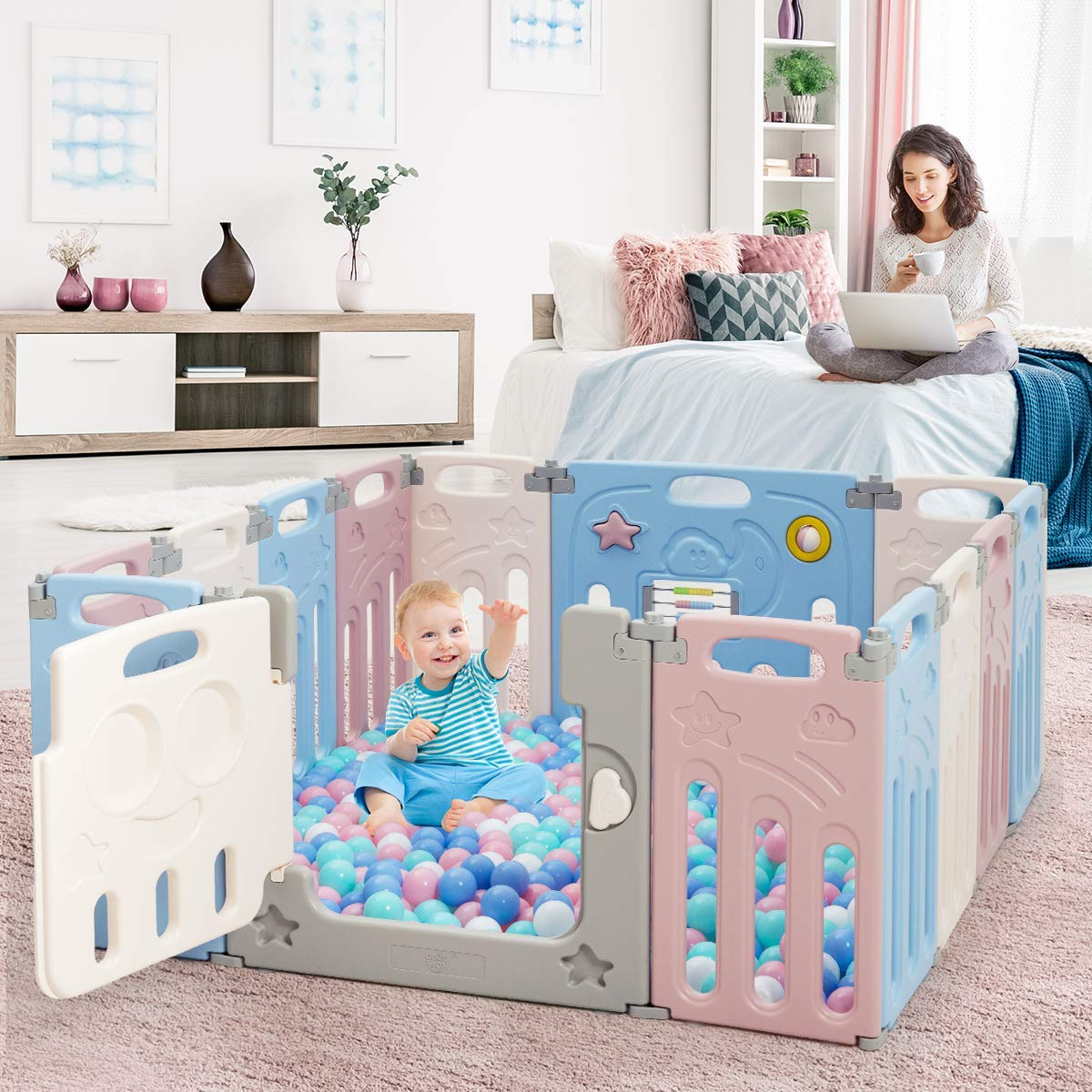 Costzon Foldable Baby Playpen, 14/16-Panel Baby Play Yards with Lock Door & Anti-Slip Rubber Bases