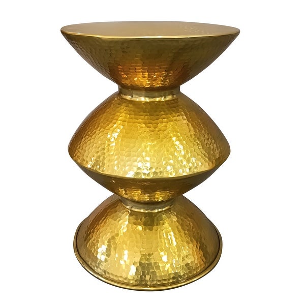 21 Inch Round Aluminum Side End Table， Hammered Embossed Metal Surface， Turned Pedestal Base， Gold Brass Finish