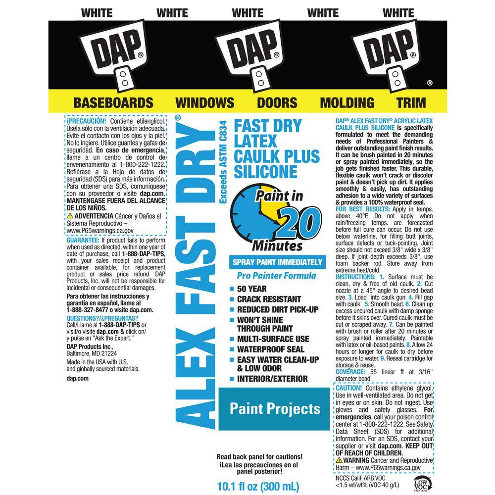 DAP Alex Fast Dry 10.1 oz. White Acrylic Latex Plus Silicone Caulk (12-Pack) 18426