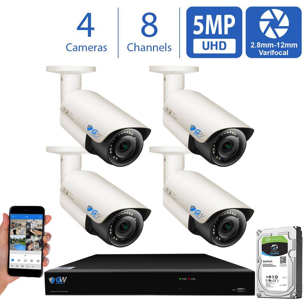 GW Security 8-Channel 5MP NVR 1TB Security Camera System with 4 Wired IP Cameras Bullet Varifocal Zoom Mic Human Detection 5050IP4-1T