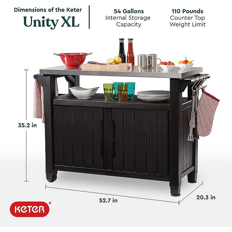 Keter Unity Xl Outdoor Kitchen Bar Rolling Cart With Storage Cabinet， Brown