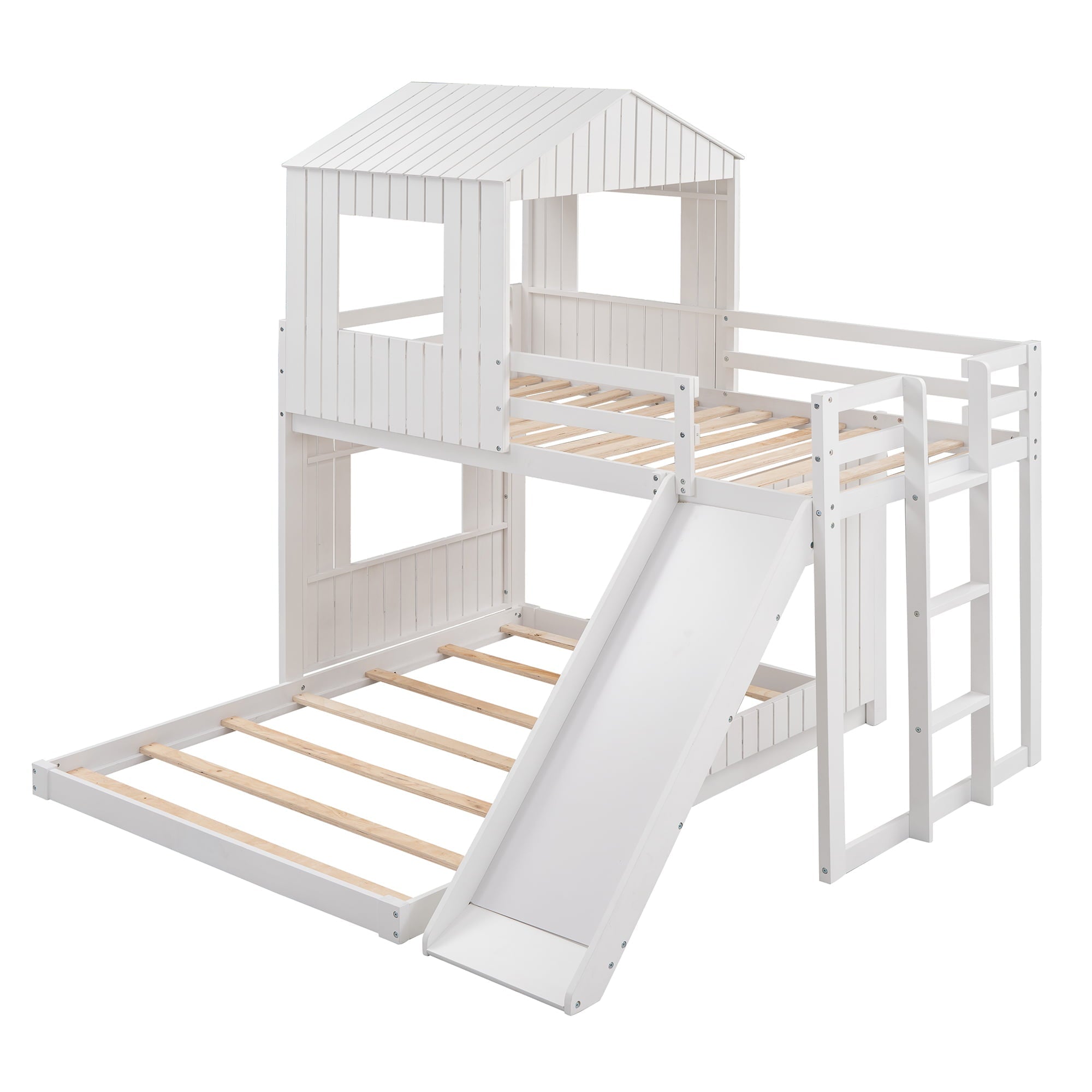 Churanty Twin Over Full Bunk Bed With Slide Wooden House Bunk Bed Playhouse Beds For Kids White