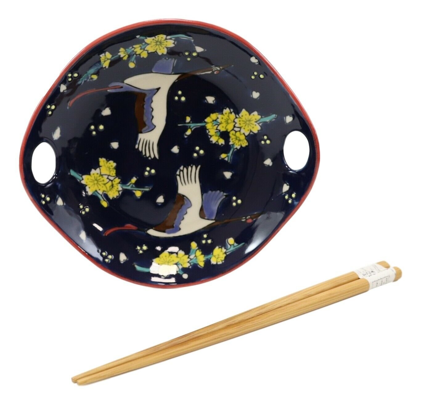 1 White Crane In Blue Sky Small Appetizer Coupe Plate Flat Bowl W/ Chopsticks Set EBR02