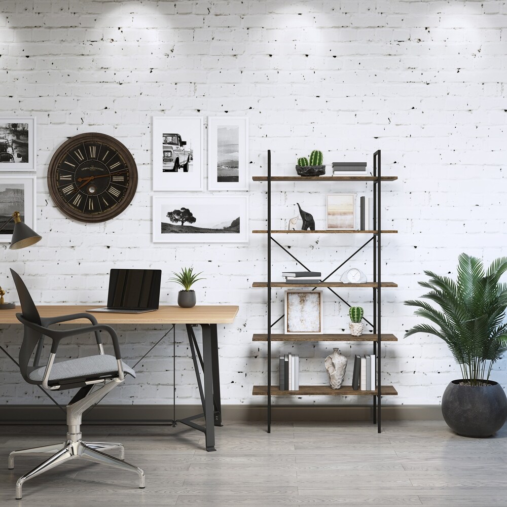 5 Tier Ladder Bookshelf   Freestanding Wooden Bookcase Frame with Leaning Look Shelves by Lavish Home (Walnut)