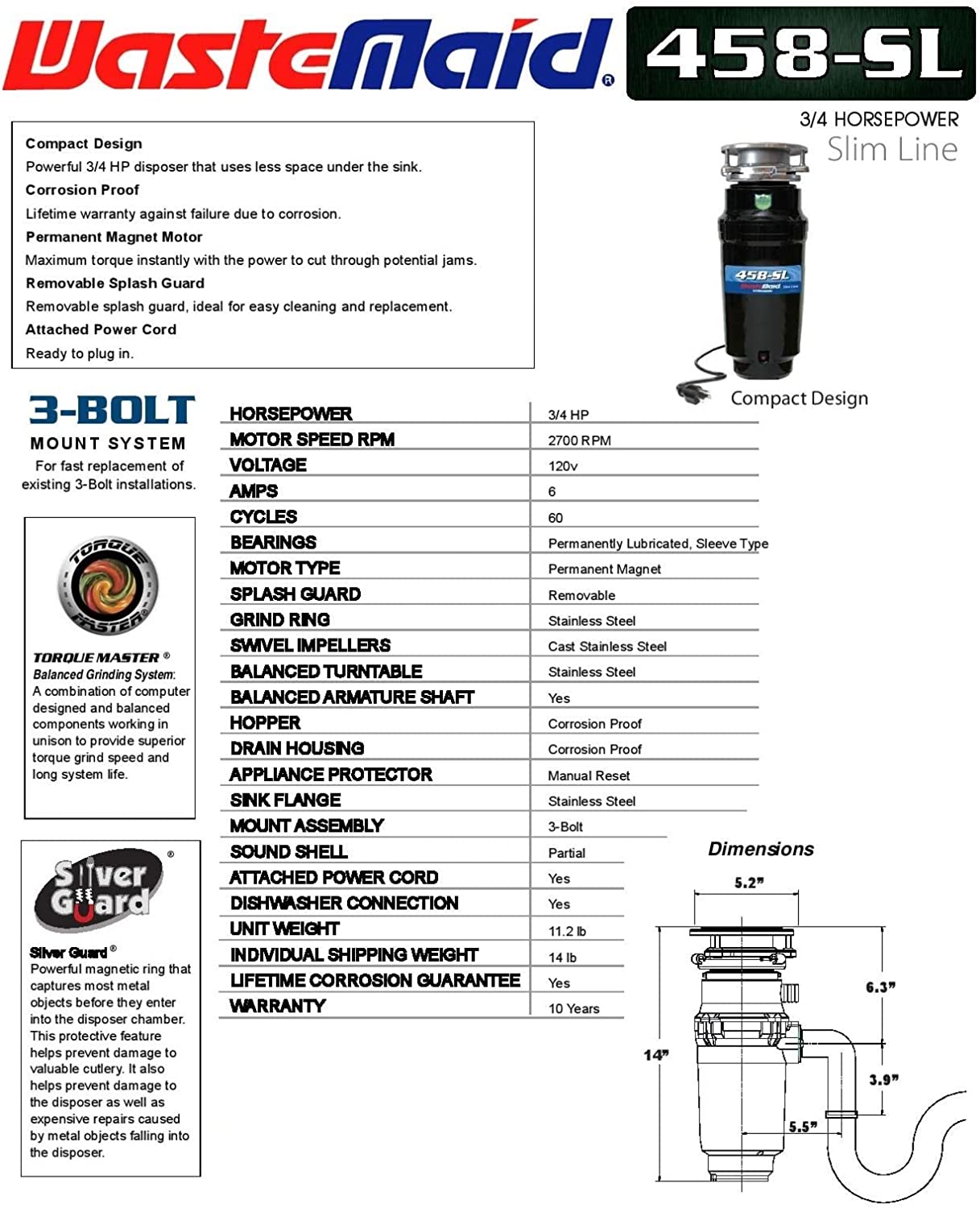 Waste Maid 10-US-WM-458-SL-3B Garbage Disposal Anti-Jam Stainless Steel Food Waste Grinding System， Odor Protection， 3/4 HP Slim Line， Black