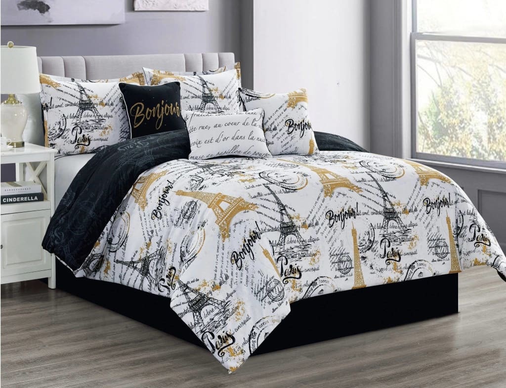 French White & Black Modern Paris Eiffel Tower Reversible Comforter Set