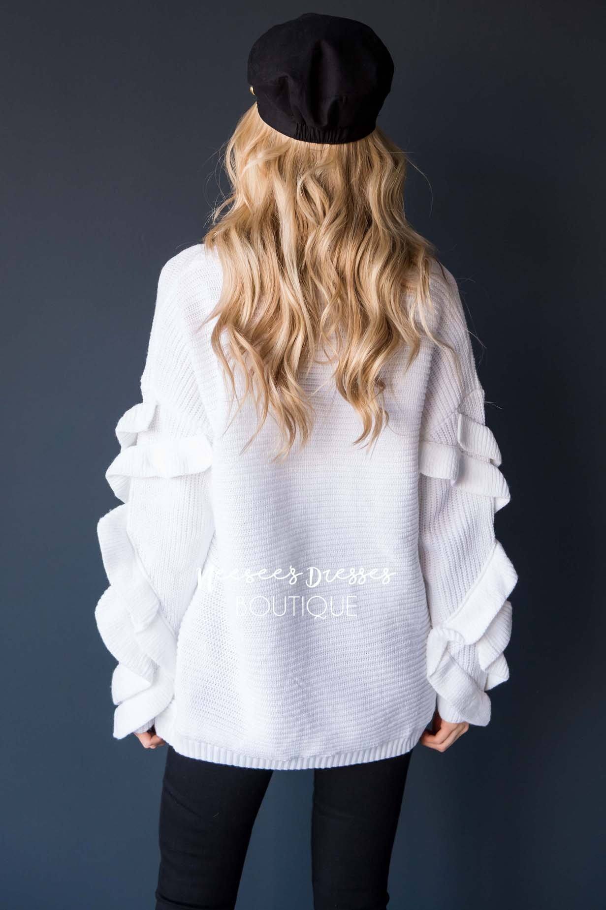 White Ruffle Sleeve Sweater