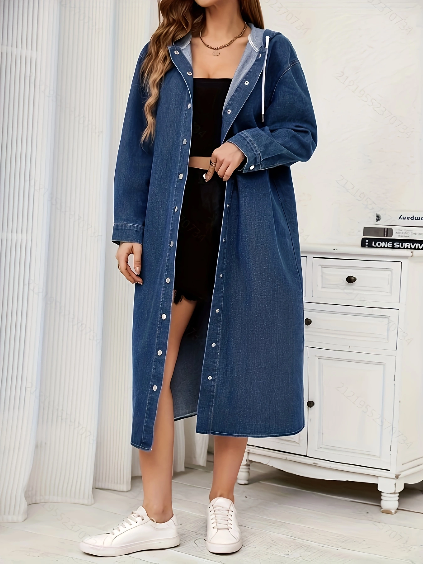 Loose-fitting Long Denim Jacket With A Hood, Vintage Long Sleeve Stylish Denim Jacket, Casual Denim Jacket With Button, Womens Clothing & Denim