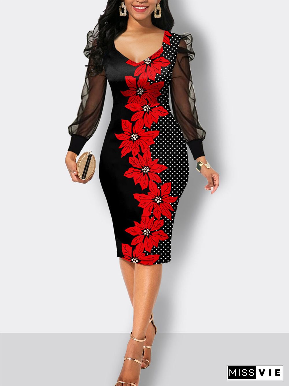 Women's Long Sleeve Graphic Stitching Midi Dress