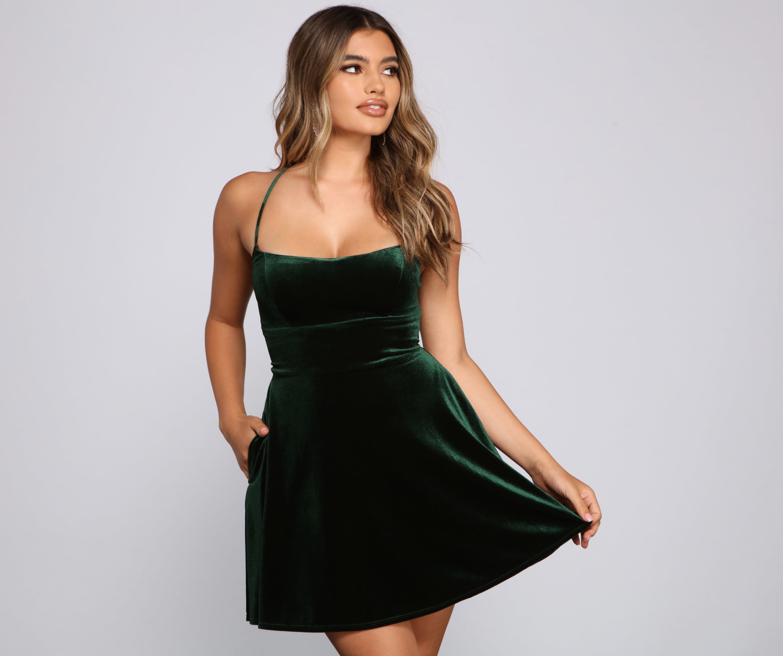 Amelia Lace-Up Back Velvet Skater Dress