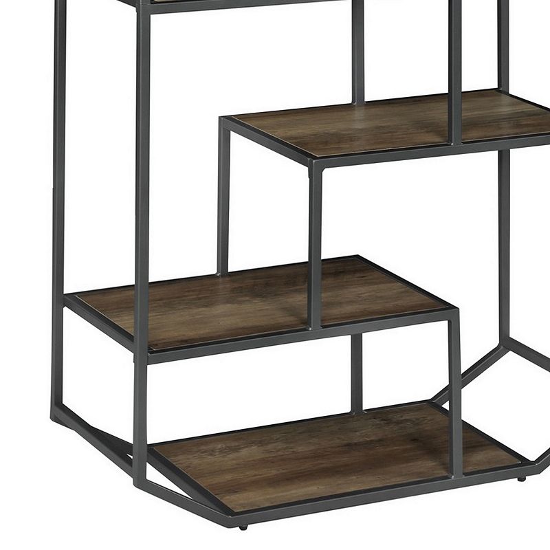 72 Inch Wood Bookcase， Geometric Metal Frame， 7 Shelves， Gray， Brown