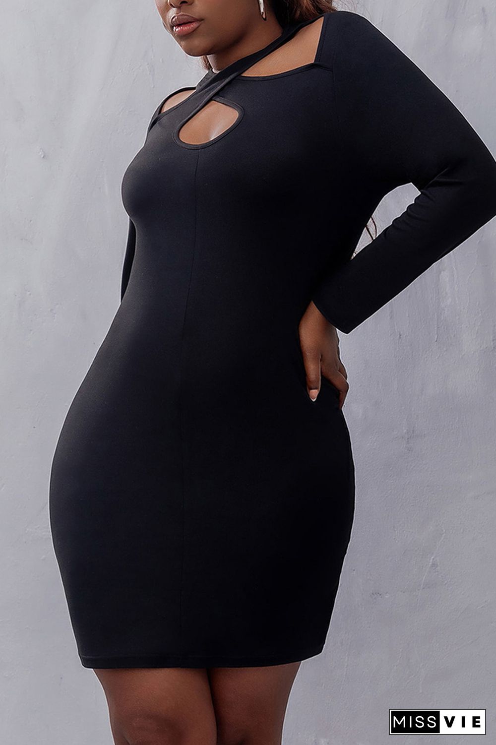 Black Hollow Out Strappy Long Sleeves Plus Size Dress