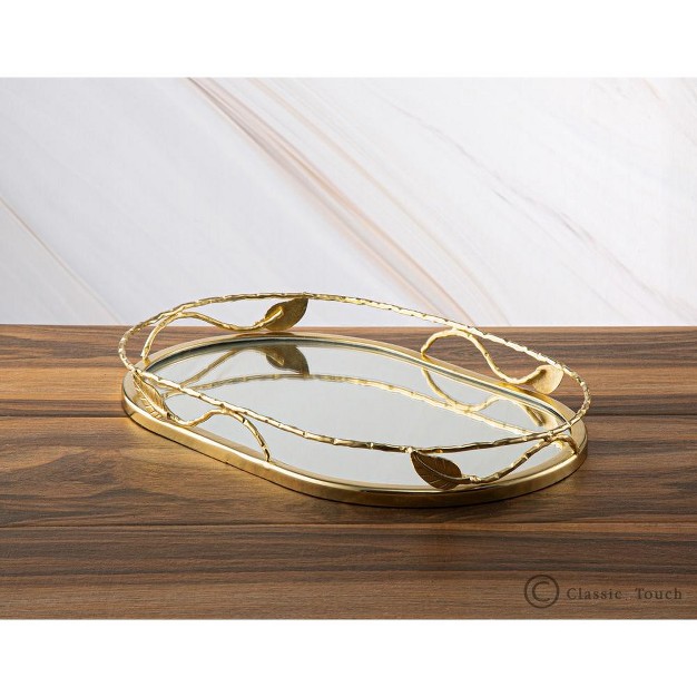 Classic Touch Oval Shaped Mirror Tray With Gold Leaf Design 16 quot l