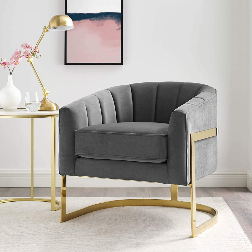 Retro Modern Accent Chair  Golden Stainless Steel Base With Gray Velvet Seat   Transitional   Armchairs And Accent Chairs   by Decor Love  Houzz