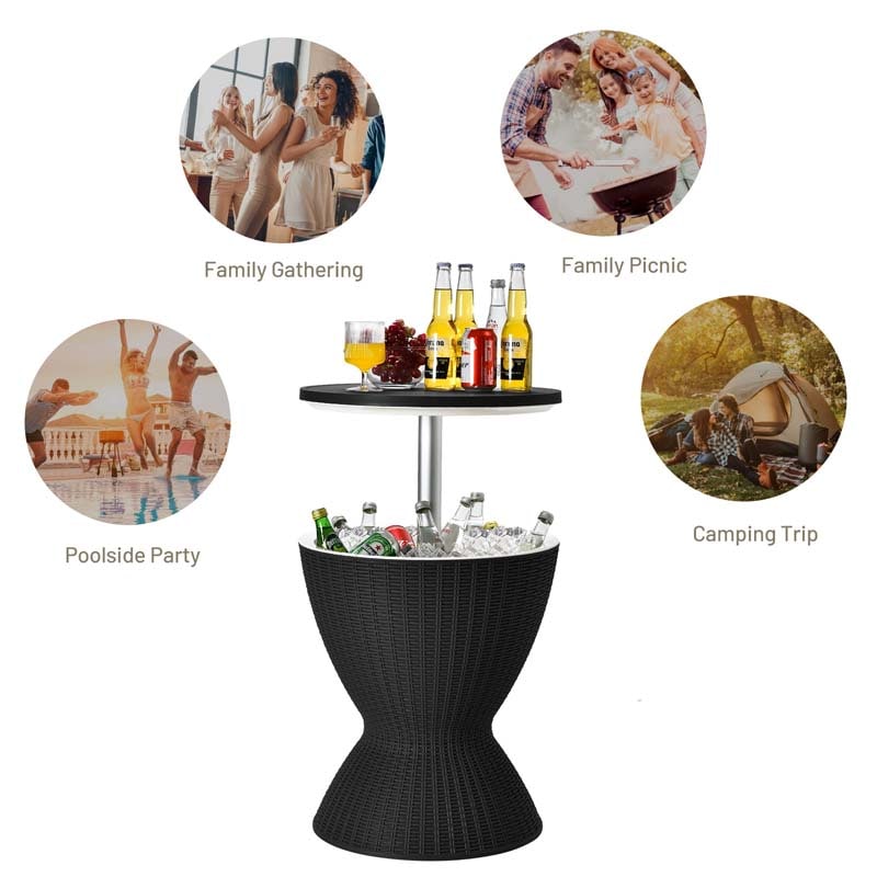 3-in-1 Rattan Outdoor Patio Bar Side Table with Ice Bucket, 8 Gallon Ice Cooler Wine Cocktail Table for Deck Pool Party