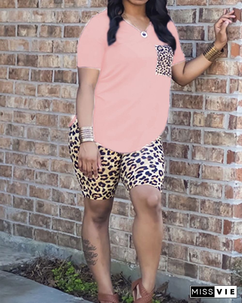 Leopard Print V-neck Top & Shorts Sets