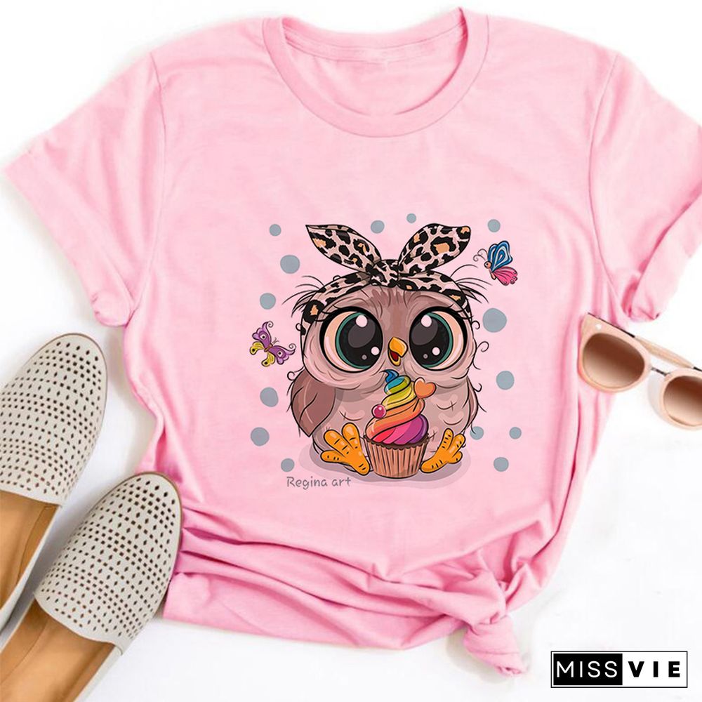 Gothic Women Cute Owl Printed T-Shirt All Seasons Fashion Thin Short Sleeve Tees Harajuku Casual Pink Top Female Clothing Tshirt