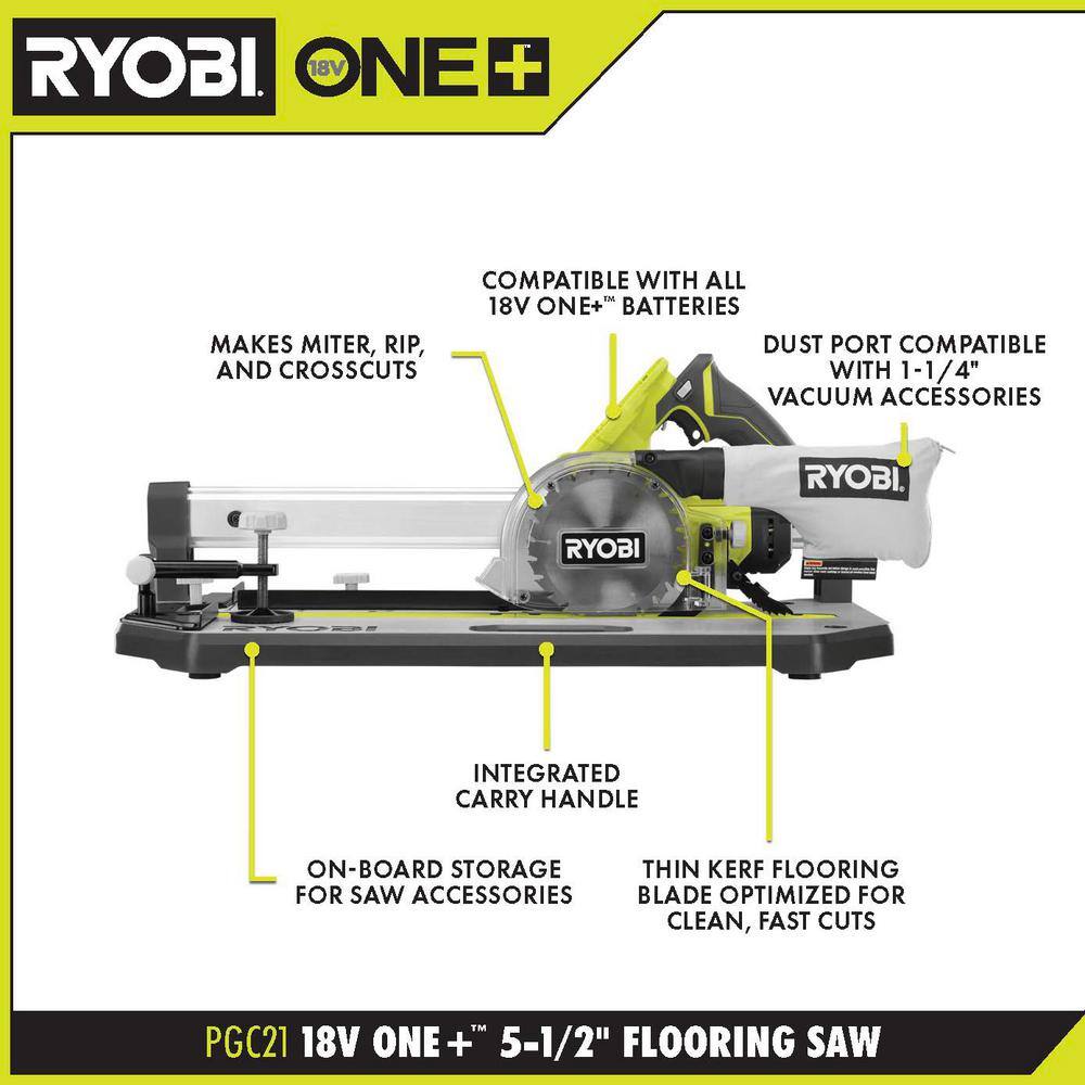 RYOBI ONE+ 18V Cordless 5-12 in. Flooring Saw Kit with 4.0 Ah Battery Charger and Extra 5-12 in. Flooring Saw Blade PGC21K-A06F551