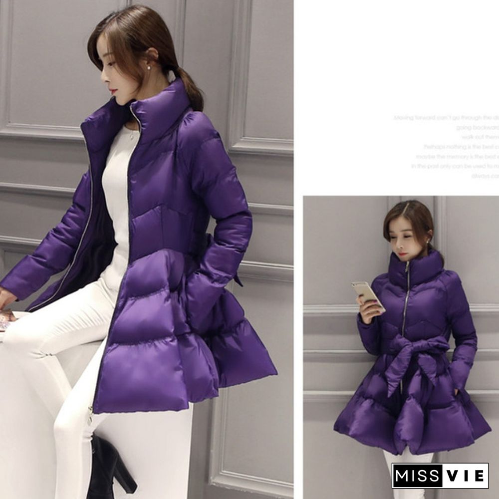 Women Puffer Coat Jacket Swing Zip Bowtie Mid Length Quilted Padded Winter Outerwear Casual