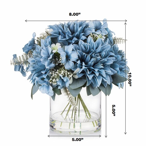 Enova Home Mixed Artificial Silk Dahlia Fake Flowers Arrangement in Clear Glass Vase with Faux Water for Home Office Decoration