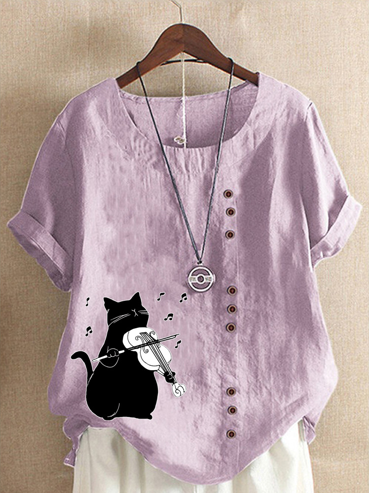 Round Neck Casual Loose Cat Print Short Sleeve Blouse