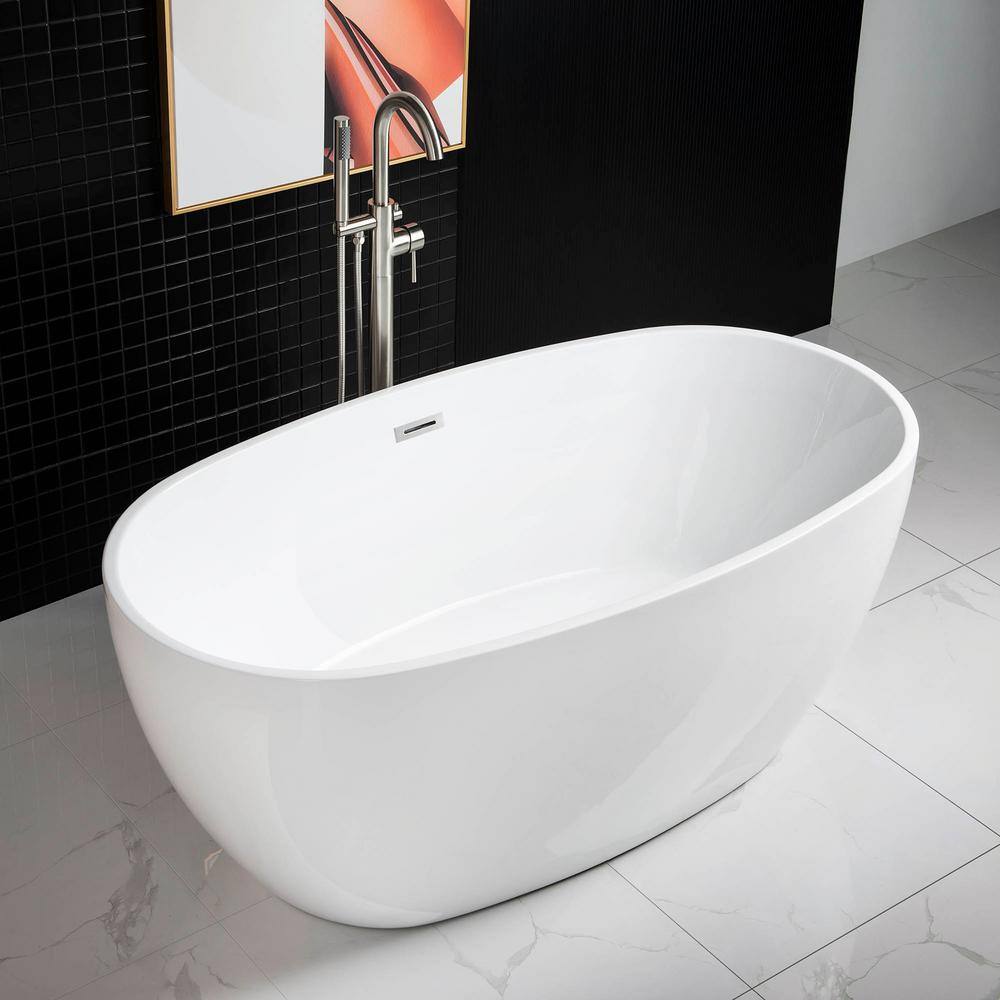 WOODBRIDGE Berck 59 in. Acrylic FlatBottom Double Ended Bathtub with Brushed Nickel Overflow and Drain Included in White HBT5640