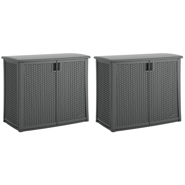 Suncast Lockable Outdoor 2 door Cabinet Deck Box With Adjustable Shelf For Lawn Garden Patio amp Pool Accessory Storage Cool Gray 2 Pack