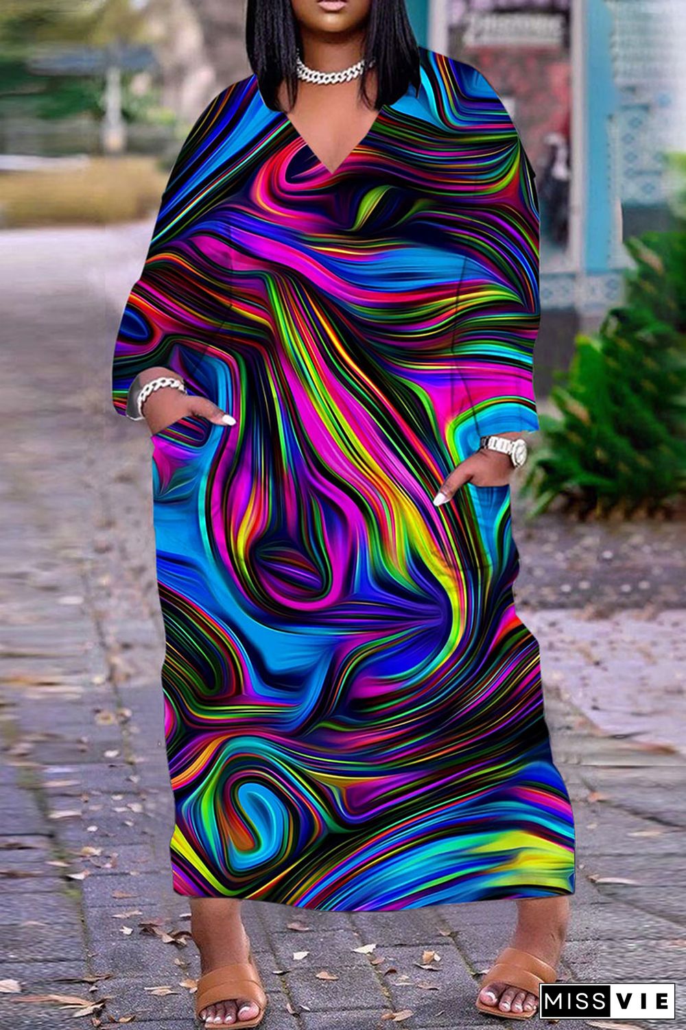 Multicolor Casual Print Basic V Neck Long Sleeve Dresses