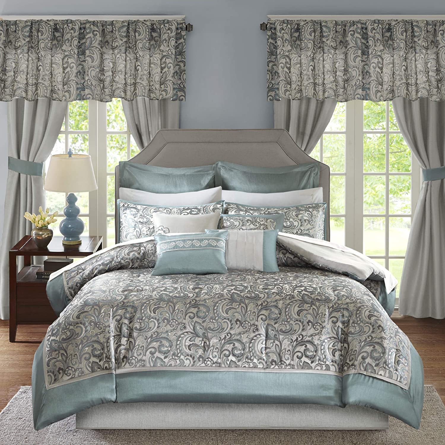 Master Bedroom 24 Piece Room in a Bag Faux Silk Comforter Jacquard Paisley Design Matching Curtains - Down Alternative Hypoallergenic