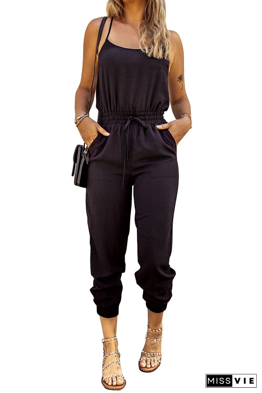 Black Drawstring Waist Spaghetti Straps Jumpsuit