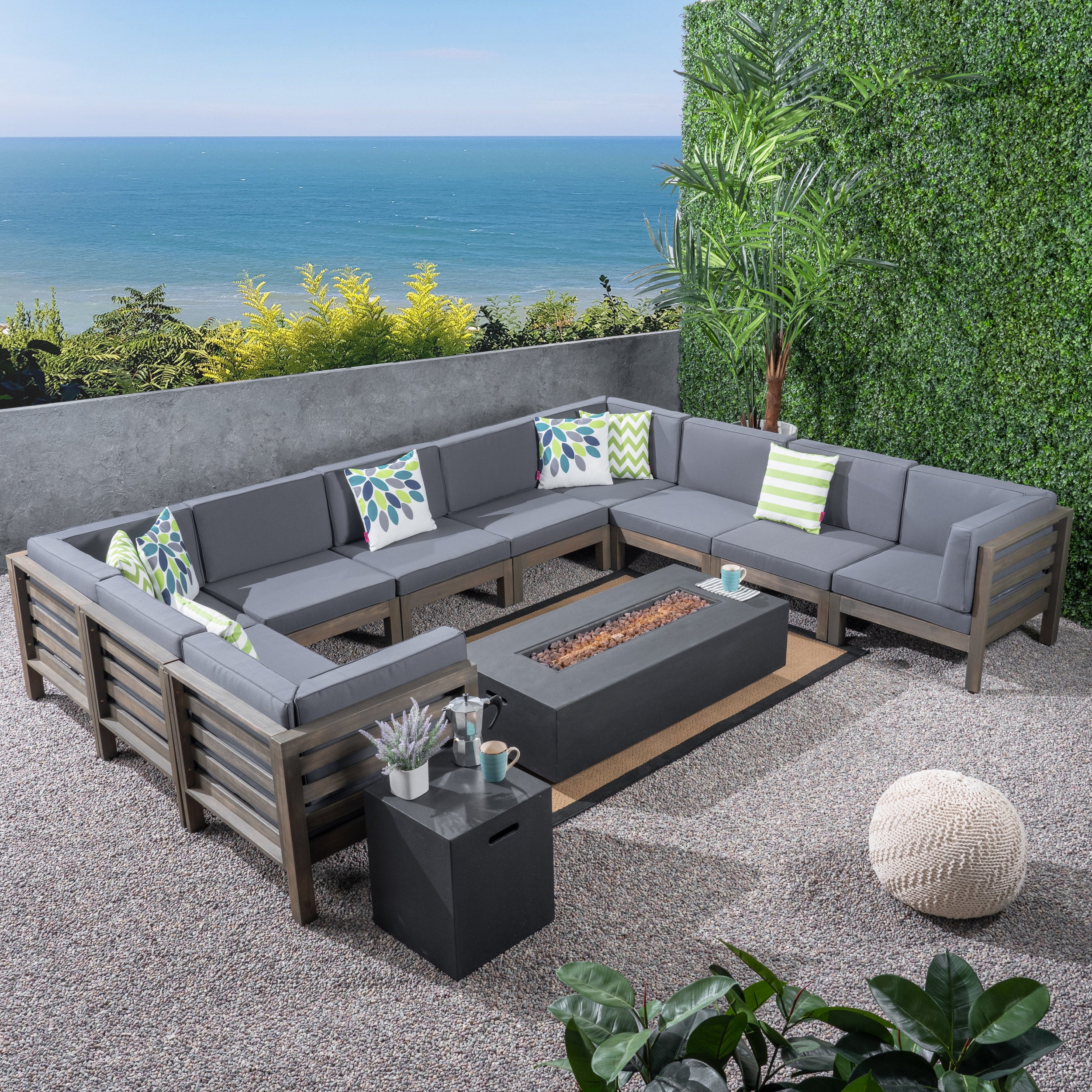 Ravello Outdoor 12 Piece U-Shaped Sectional Sofa Set with Fire Pit