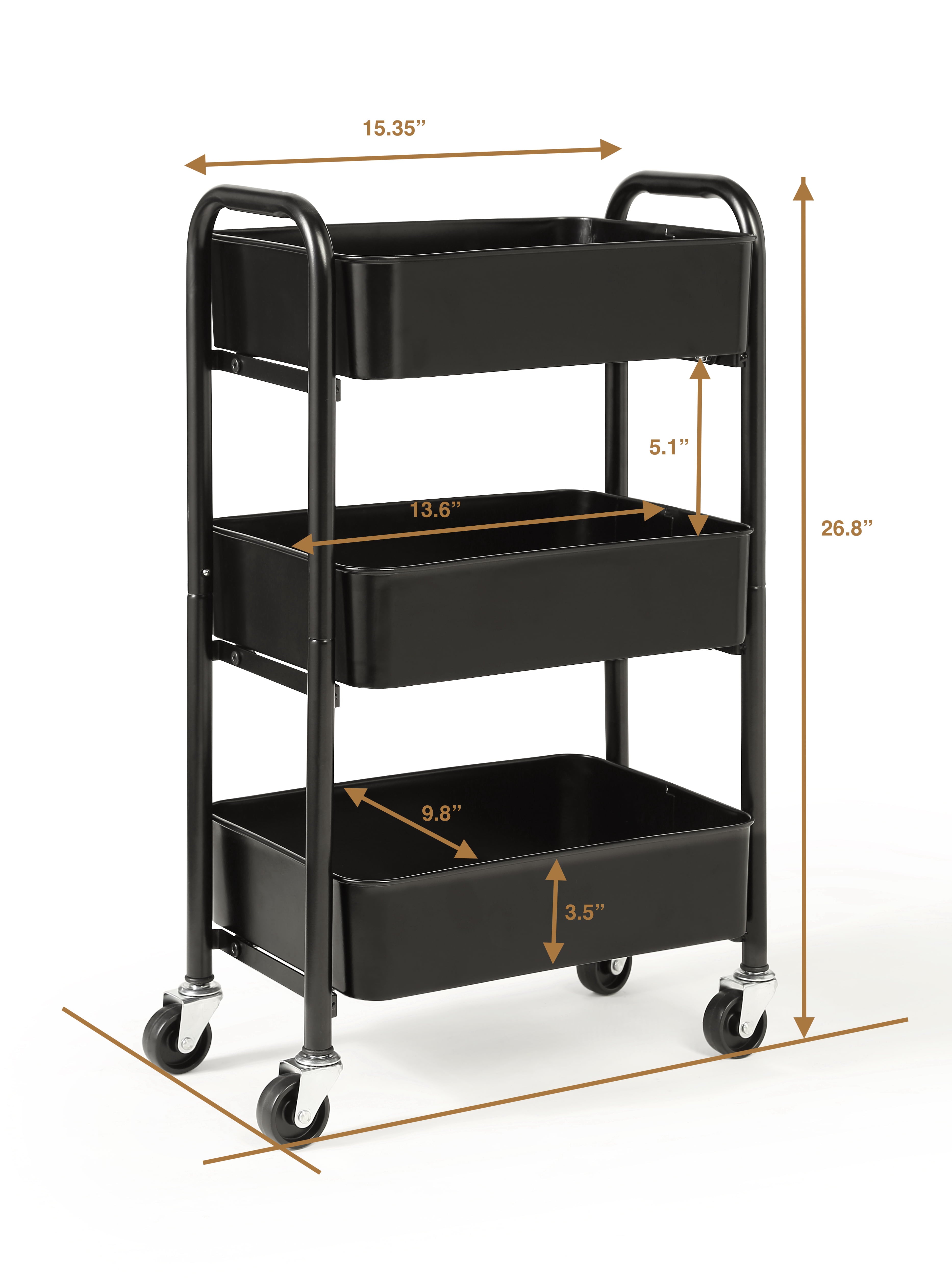 SunnyPoint 3-Tier Compact Rolling Metal Utility Cart Kitchen with Caster Wheels， Black