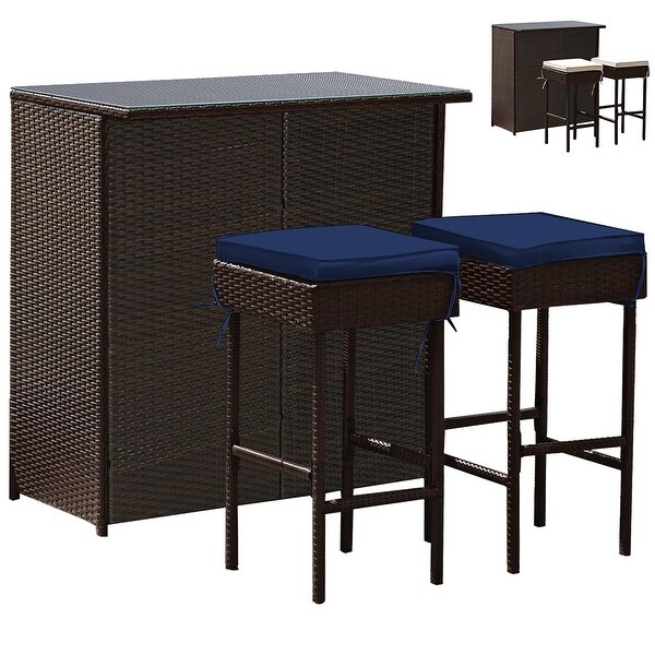 Costway Patio 3PCS Rattan Bar Table Stool Set Cushioned Chairs with