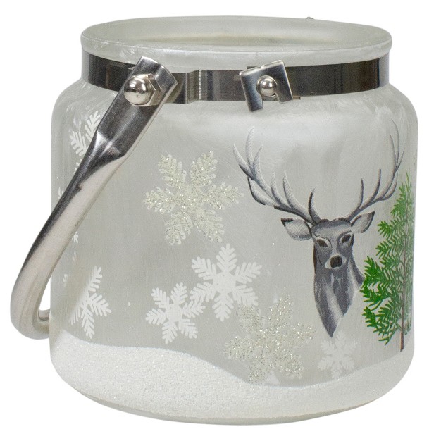 Deer Pine And Snowflakes Hand Painted Flameless Glass Candle Lantern