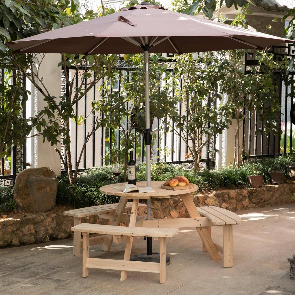 GARDENISED Natural 6-Person Round Wooden Outdoor Picnic Table with Bench for Patio with Umbrella Hole QI003904.N