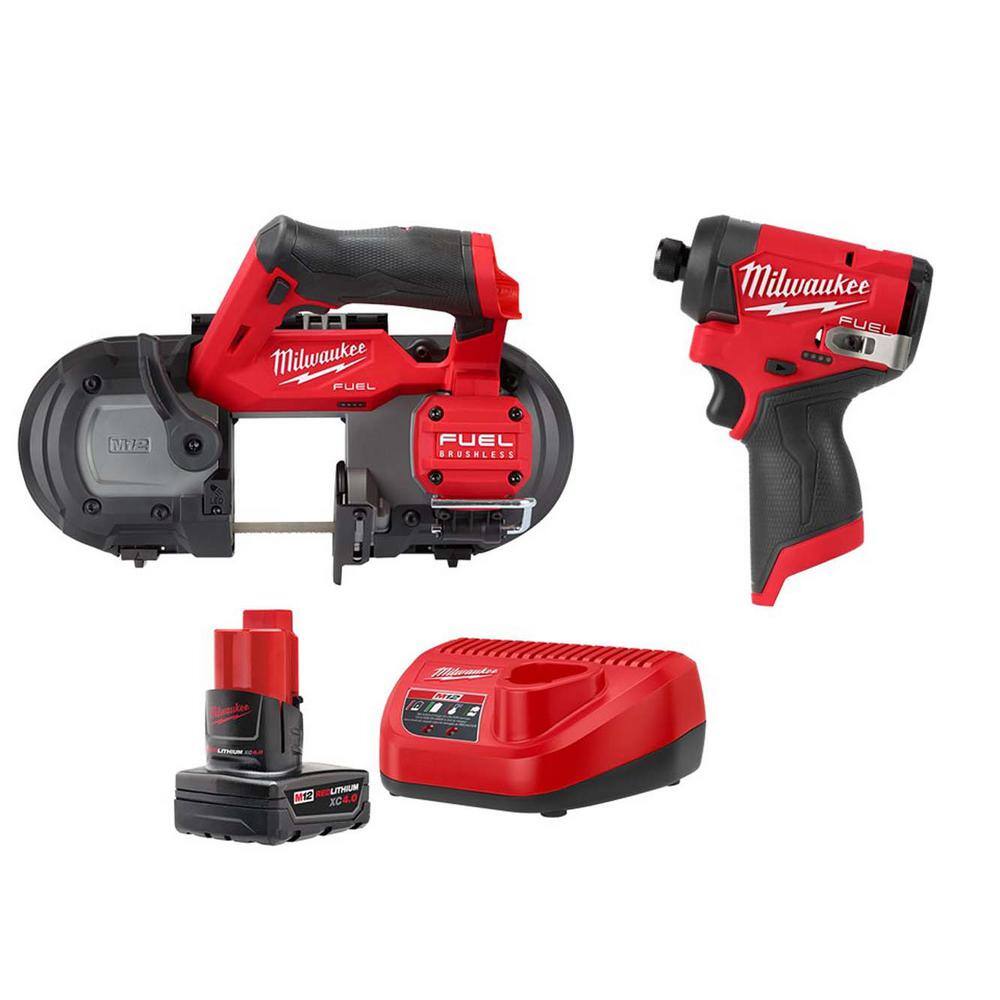 MW M12 FUEL 12-Volt Lithium-Ion Cordless Compact Band Saw and M12 FUEL 14 in. Hex Impact Driver with Battery and Charger 48-59-2440-2529-20-3453-20