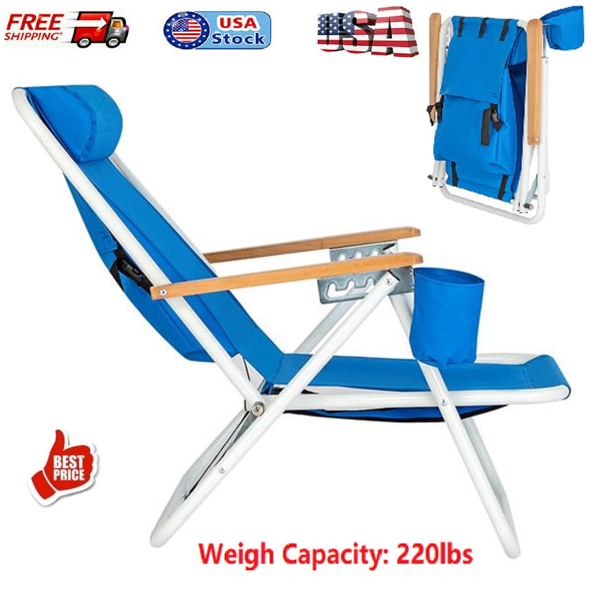 HOT SALE Portable High Strength Beach Chair with Adjustable Headrest Blue