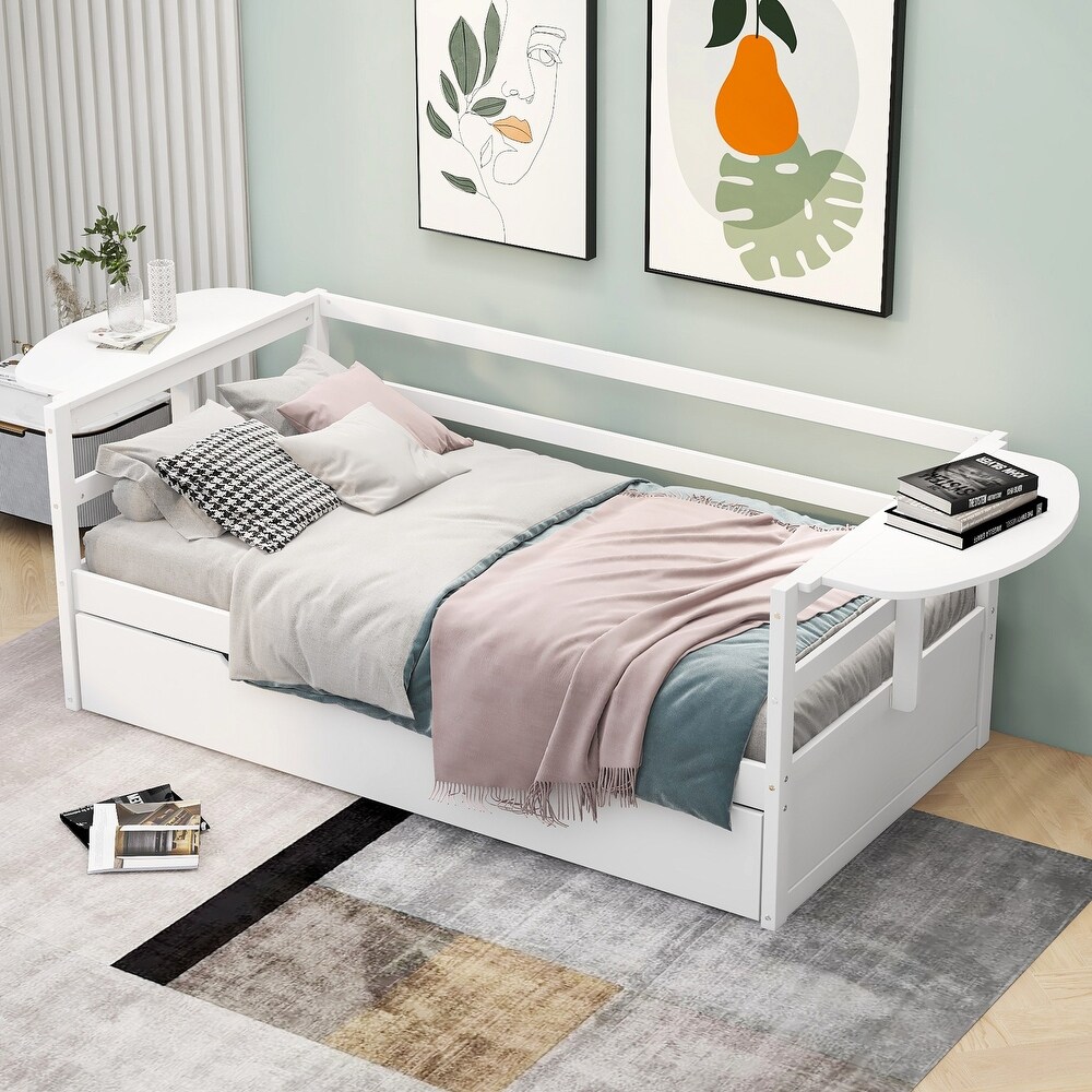 Twin Size Daybed with Trundle Twin Size Wooden Bed Frame and Foldable Shelves on Both Sides No Box Spring Needed  Easy Assembly