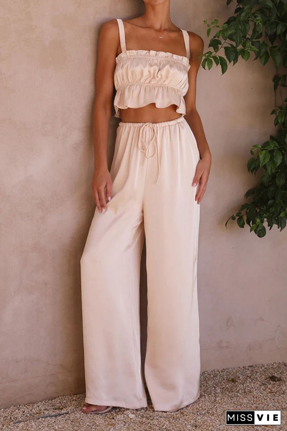 Plain Ruched Cami Crop Top With Wide Leg Pants 2pcs Set