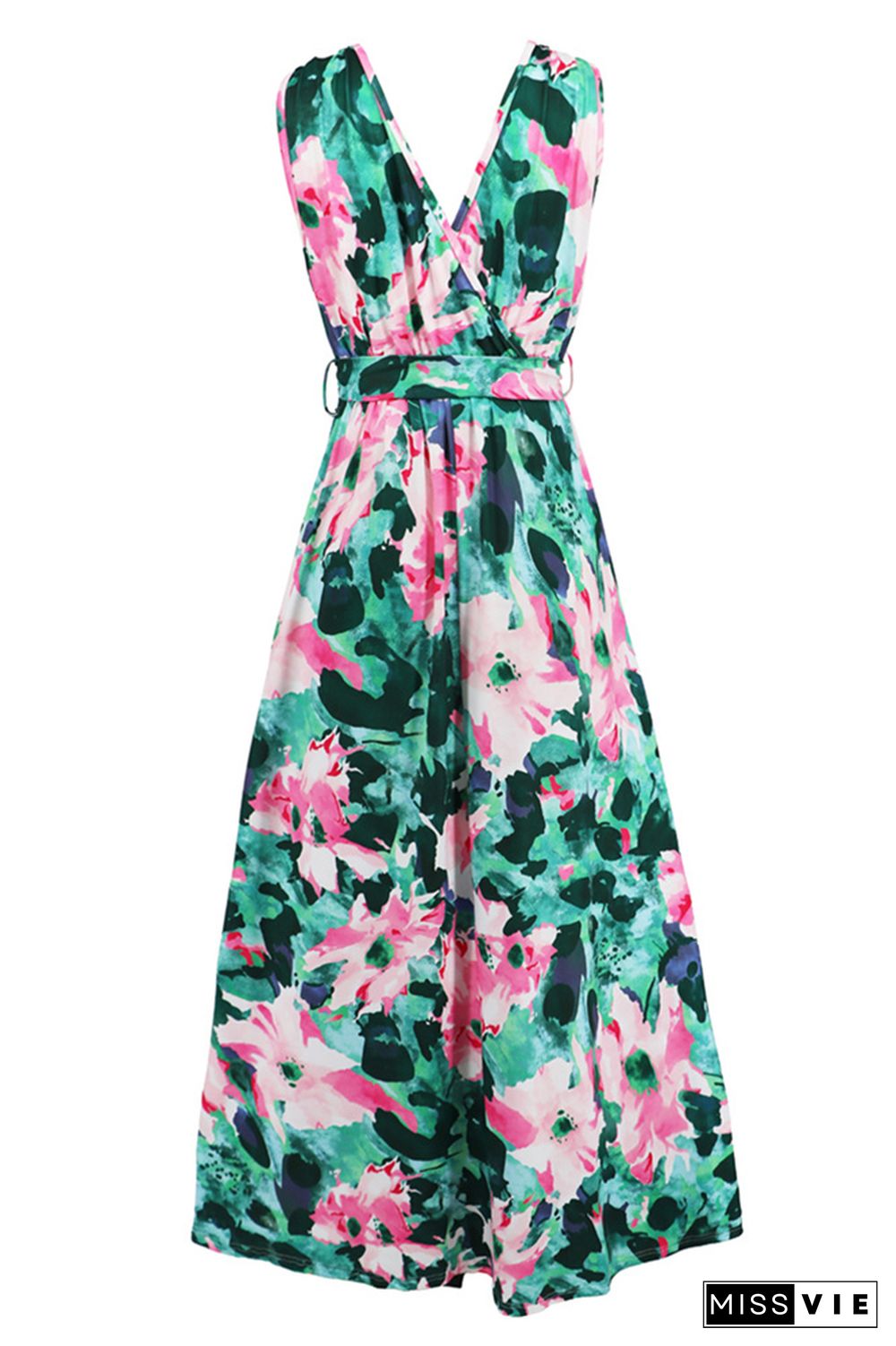 Wrap V Neck High Split Sleeveless Floral Maxi Dress