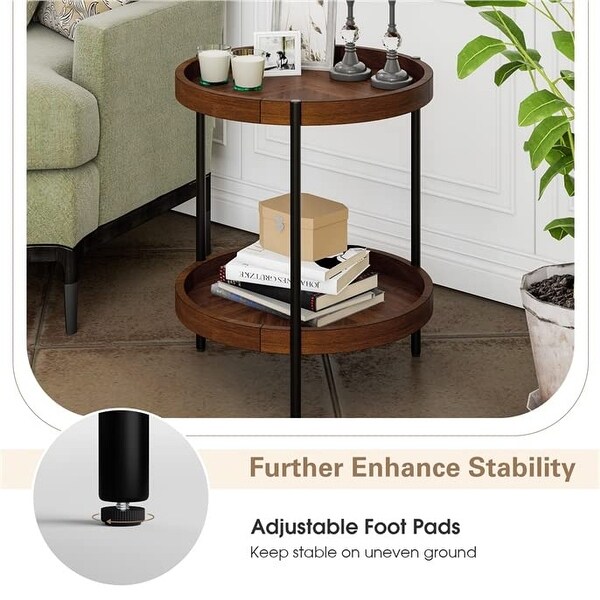 Round Side Table， 2-Tier Retro End Table with Bottom Shelf， Nightstand with Detachable Tray Top for Living Room， Bedroom