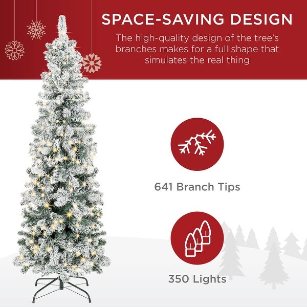 Flocked Pencil Christmas Tree，PreLit Slim Artificial Holiday Decoration，7.5ft Lighted Skinny w/Base，Warm White Lights