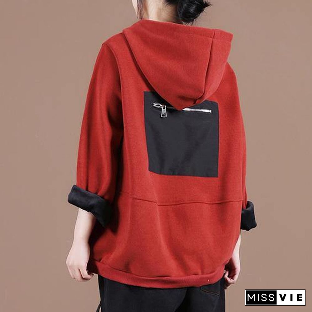 Women hooded patchwork clothes For Women Work Outfits red thick shirt