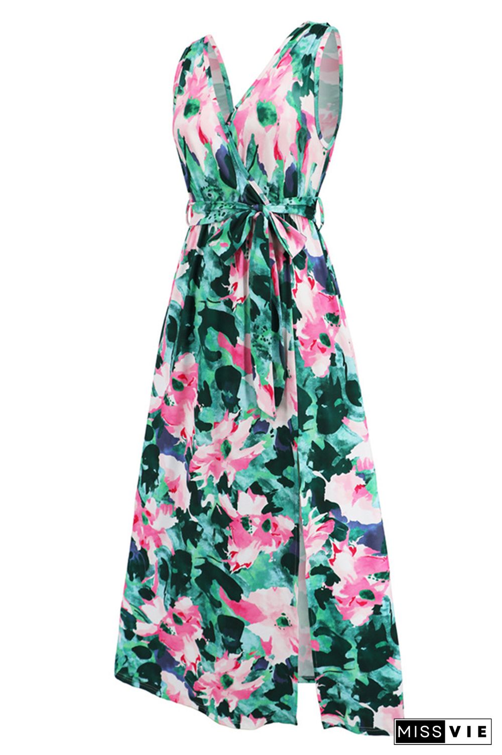 Wrap V Neck High Split Sleeveless Floral Maxi Dress