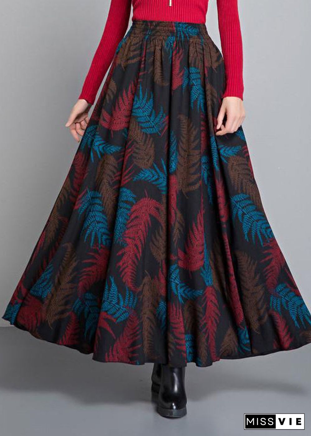 French Black Print Circle Thick A Line Fall Winter Skirts