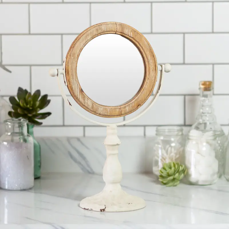 Distressed Off White Metal and Wood Standing Makeup Mirror