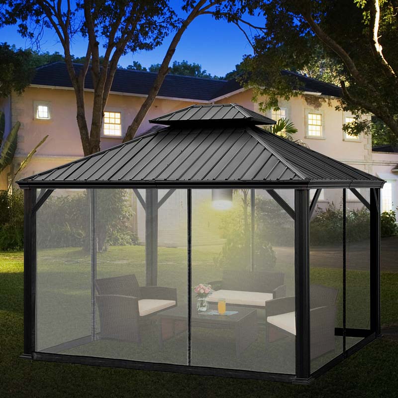 12 x 10 FT Hardtop Gazebo with Netting & Central Hook, 2-Tier Outdoor Patio Metal Gazebo Canopy Tent