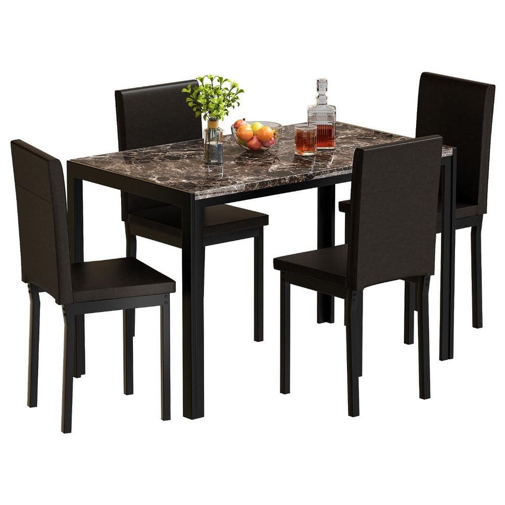 Mieres 5 Piece Dining Table Set with Faux Marble Top and 4 PU Leather Upholstery Chairs for Kitchen Dining Room