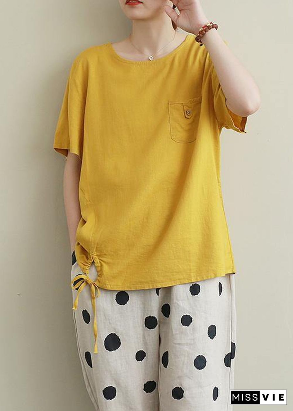 Style o neck drawstring linen cotton summerBlouse yellow baggy shirts